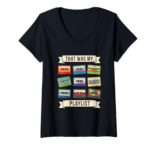 Damen That was My Playlist Retro Kassette Tape Nostalgie Vintage T-Shirt mit V-Ausschnitt von Vintage 80s 90s Music Retro Cassette Playlist Tees