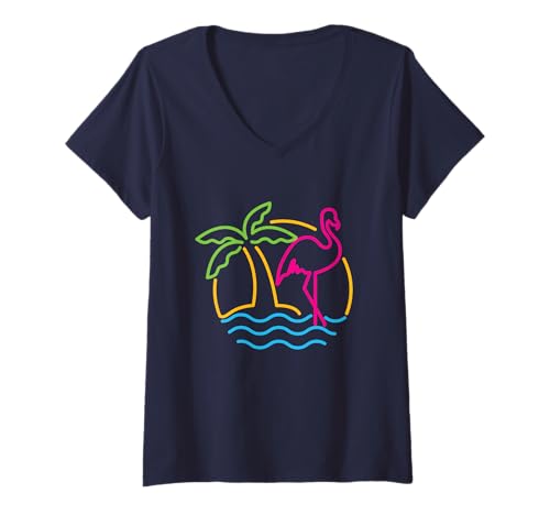 Damen 80er Jahre Vintage Miami Retro Neon Pink Flamingo T-Shirt T-Shirt mit V-Ausschnitt Damen 80er Jahre Vintage Miami Retro Neon Pink Flamingo T-Shirt T-Shirt mit V-Ausschnitt von Vintage 80s Neon Flamingo Sign T-Shirts