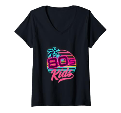 Damen 80er Jahre Kinder Palm Sunset Retro Aesthetic T-Shirt mit V-Ausschnitt Damen 80er Jahre Kinder Palm Sunset Retro Aesthetic T-Shirt mit V-Ausschnitt von Vintage 80s Throwback Tropical Style