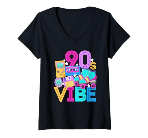 Damen 90s Vibe Nineties Retro 1990er Vintage Kassette Fun Throwback T-Shirt mit V-Ausschnitt Damen 90s Vibe Nineties Retro 1990er Vintage Kassette Fun Throwback T-Shirt mit V-Ausschnitt von Vintage 90s Vibe Design Nineties Party Costume