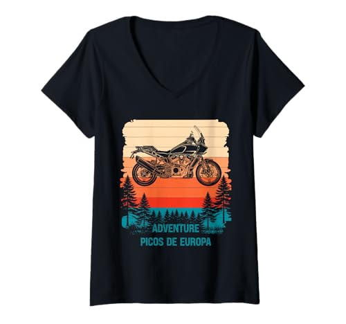 Damen Picos de Europa Adventure Rider Pan Edition America Retro T-Shirt mit V-Ausschnitt von Vintage ADV Motorbike America 1250 Moto Profile