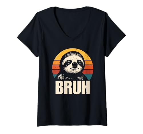 Damen Bruh Faultier Retro Sonnenuntergang Funny Lazy Vibes T-Shirt mit V-Ausschnitt Damen Bruh Faultier Retro Sonnenuntergang Funny Lazy Vibes T-Shirt mit V-Ausschnitt von Vintage Aesthetic Sloth Meme Designs