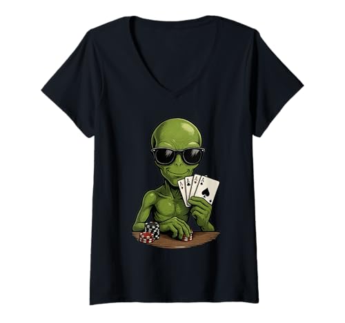 Damen Lustiger Alien Casino Pokerspieler Gambler Gambling T-Shirt mit V-Ausschnitt von Vintage Alien Casino Poker Gambling Space Design