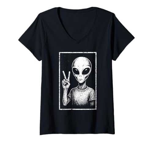 Damen Grunge Alien Peace Zeichen Lustiges Außerirdisches Meme T-Shirt mit V-Ausschnitt von Vintage Alien Peace Sign Space UFO Meme Design