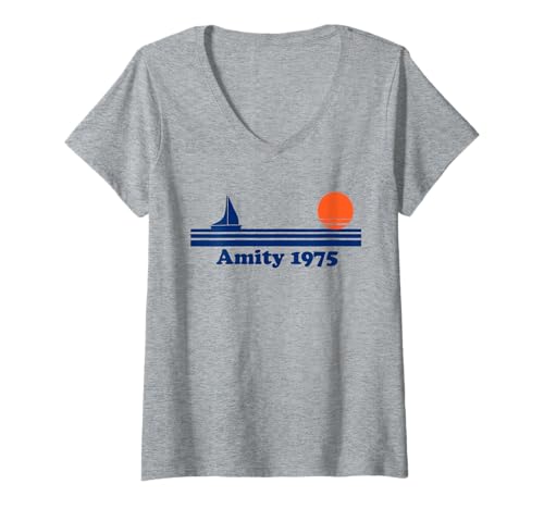 Damen Vintage Amity 1975 Sonnenuntergang Retro Segelboot Sonnenaufgang Sommer T-Shirt mit V-Ausschnitt von Vintage Amity 1975 Summer Sunset Sunrise