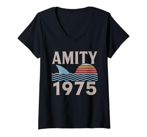 Damen Vintage Amity 1975 Sonnenuntergang Retro Segelboot Sonnenaufgang Sommer T-Shirt mit V-Ausschnitt von Vintage Amity 1975 Summer Sunset Sunrise
