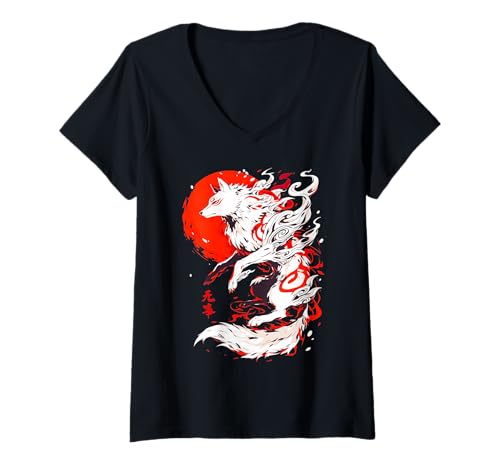 Damen Lustiges Fuchs-Okami im klassischen japanischen Retro-Stil, Vintage-Tier T-Shirt mit V-Ausschnitt Damen Lustiges Fuchs-Okami im klassischen japanischen Retro-Stil, Vintage-Tier T-Shirt mit V-Ausschnitt von Vintage Animal Funny Fox Okami Basic Japan Style