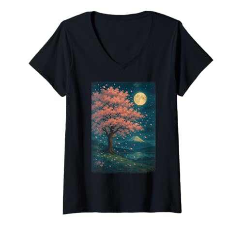 Damen Kirschblüte Anime Vollmond Nacht T-Shirt mit V-Ausschnitt Damen Kirschblüte Anime Vollmond Nacht T-Shirt mit V-Ausschnitt von Vintage Anime Spirit Designs