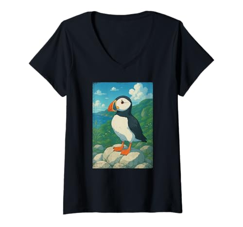 Damen Süßer Papageientaucher Anime Ghibli Kawaii Ozean Vogel T-Shirt mit V-Ausschnitt Damen Süßer Papageientaucher Anime Ghibli Kawaii Ozean Vogel T-Shirt mit V-Ausschnitt von Vintage Anime Spirit Designs