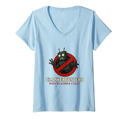 Damen Retro Robot Ban Parodie mit Clankerbusters Grafik T-Shirt mit V-Ausschnitt Damen Retro Robot Ban Parodie mit Clankerbusters Grafik T-Shirt mit V-Ausschnitt von Vintage Anti-Bot Humor for Analog Defenders