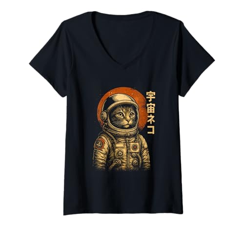Damen Japanese 1950s Retro Space Cat Astronaut Vintage T-Shirt mit V-Ausschnitt Damen Japanese 1950s Retro Space Cat Astronaut Vintage T-Shirt mit V-Ausschnitt von Vintage Astronaut Cat Aesthetic Japanese Space Tee