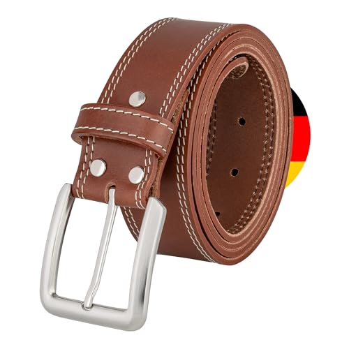 Vintage Basics Herren Ledergürtel aus Rindsleder - Gesteppter Gürtel aus Leder 125 cm lang - Ideal für Anzughose - Jeansgürtel mit Metallschnalle 4cm breit Braun von Vintage Basics