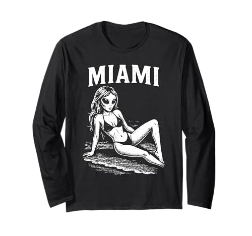 Lustiger Alien Bikini Modell Miami Sommer Urlaub Strand Langarmshirt von Vintage Beach Alien Meme Summer Tropical Design