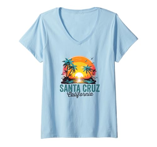 Damen Santa Cruz California Beach Palmen Sonnenuntergang Illustration T-Shirt mit V-Ausschnitt von Vintage Beach Island Graphic Sunset Beach Design
