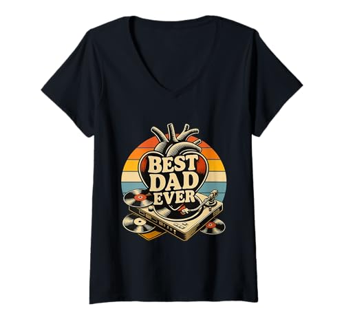 Damen Lustiger Best Dad Ever Retro-Vinyl-Schallplattenliebhaber Sonnenuntergang Vintage T-Shirt mit V-Ausschnitt Damen Lustiger Best Dad Ever Retro-Vinyl-Schallplattenliebhaber Sonnenuntergang Vintage T-Shirt mit V-Ausschnitt von Vintage Best Family Ever Music Lover Retro Fun