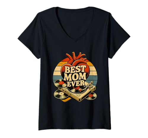 Damen Vinyl-Schallplattenliebhaber, Motiv: Best Mom Ever, Retro, Sonnenuntergang, Vintage T-Shirt mit V-Ausschnitt Damen Vinyl-Schallplattenliebhaber, Motiv: Best Mom Ever, Retro, Sonnenuntergang, Vintage T-Shirt mit V-Ausschnitt von Vintage Best Family Ever Music Lover Retro Fun