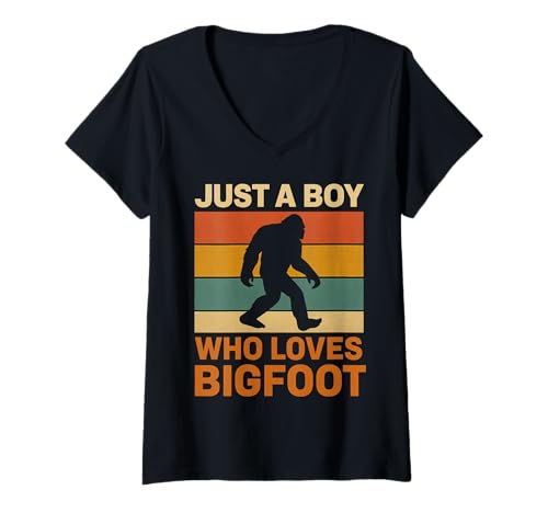 Damen Just a Boy Who Loves Bigfoot Retro Vintage Sasquatch Grafik T-Shirt mit V-Ausschnitt Damen Just a Boy Who Loves Bigfoot Retro Vintage Sasquatch Grafik T-Shirt mit V-Ausschnitt von Vintage Bigfoot Apparel for Boys and Kids