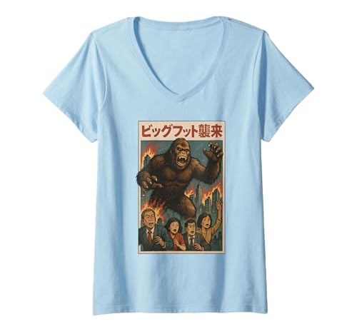 Damen Retro-Motiv „Bigfoot Attack“ im japanischen Stil, Urban Monster, Vintage-Stil T-Shirt mit V-Ausschnitt Damen Retro-Motiv „Bigfoot Attack“ im japanischen Stil, Urban Monster, Vintage-Stil T-Shirt mit V-Ausschnitt von Vintage Bigfoot Monster Urban Kaiju Poster Graphic