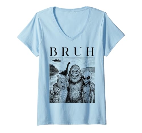 Damen Pinsel Lustige Katze Alien Bigfoot Selfie UFO Loch Ness Monster T-Shirt mit V-Ausschnitt von Vintage Bigfoot Sasquatch Introvert Retro design
