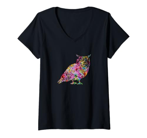 Damen Eule – Vintage-Eulen-Design – bemalte große gehörnte Eule T-Shirt mit V-Ausschnitt Damen Eule – Vintage-Eulen-Design – bemalte große gehörnte Eule T-Shirt mit V-Ausschnitt von Vintage Bird Lover Apparel