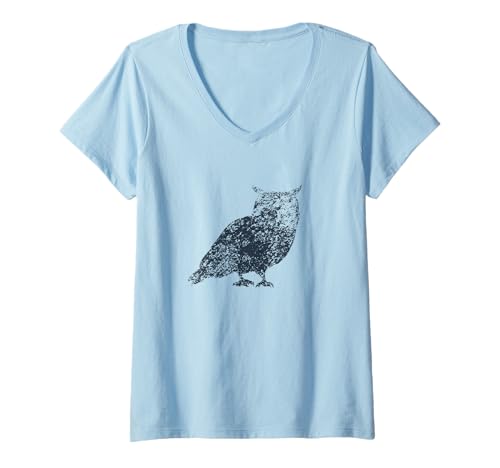 Damen Große gehörnte Eule – Vintage-Eulen-Design – bemalte Eule T-Shirt mit V-Ausschnitt von Vintage Bird Lover Apparel