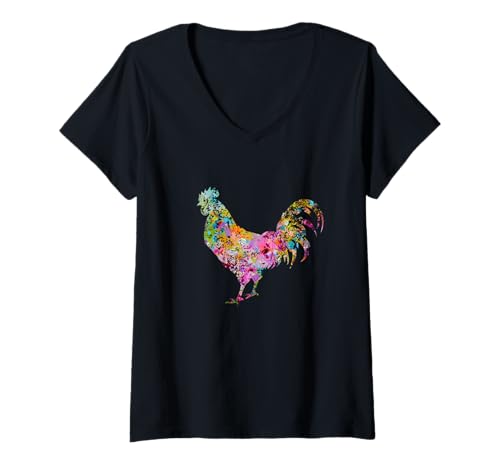 Damen Hahn – Vintage-Hahn-Design – bemalter Hahn – Huhn T-Shirt mit V-Ausschnitt von Vintage Bird Lover Apparel