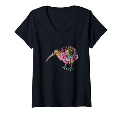 Damen Kiwi-Vogel – Vintage-Kiwi-Design – bemalte Kiwi-Neuseeland T-Shirt mit V-Ausschnitt von Vintage Bird Lover Apparel
