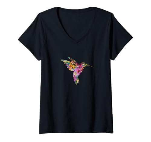 Damen Kolibri – Vintage-Kolibri – bemalter Kolibri T-Shirt mit V-Ausschnitt von Vintage Bird Lover Apparel