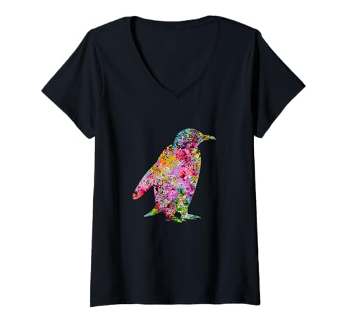 Damen Pinguin – Vintage-Pinguin-Design – bemalter Pinguin T-Shirt mit V-Ausschnitt von Vintage Bird Lover Apparel
