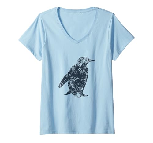 Damen Pinguin – Vintage-Pinguin-Design – bemalter Pinguin T-Shirt mit V-Ausschnitt von Vintage Bird Lover Apparel