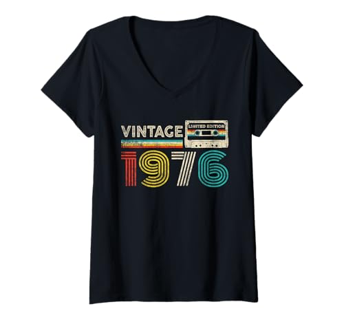 Damen Vintage 1976 Classic Birthday 1976 Cassette Tape Vintage T-Shirt mit V-Ausschnitt Damen Vintage 1976 Classic Birthday 1976 Cassette Tape Vintage T-Shirt mit V-Ausschnitt von Vintage Birthday Classic Idea Retro Years Store