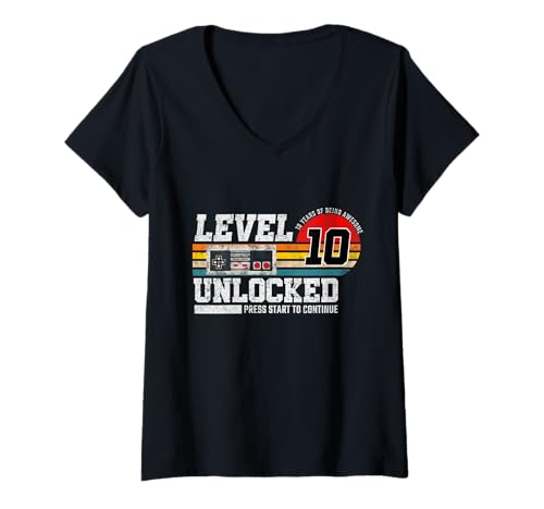 Damen Level 10 freigeschaltet — 10-jähriger Gamer beim Spielen zum 10. Geburtstag T-Shirt mit V-Ausschnitt von Vintage Birthday Gifts Gaming Tee Collection By Mj