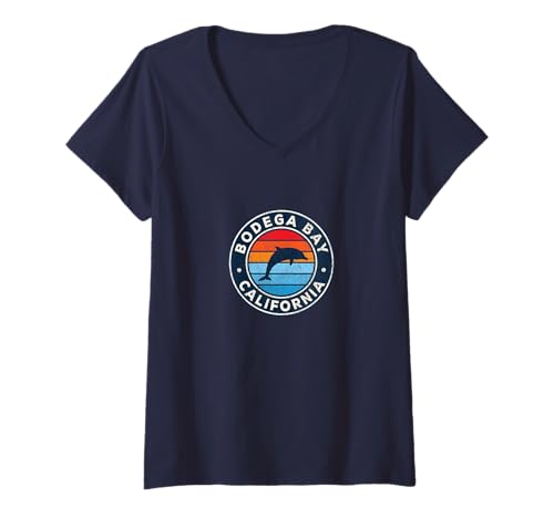 Damen Bodega Bay California CA Vintage Delphin Retro 70er Jahre T-Shirt mit V-Ausschnitt Damen Bodega Bay California CA Vintage Delphin Retro 70er Jahre T-Shirt mit V-Ausschnitt von Vintage Bodega Bay CA Shirts & Retro Tees