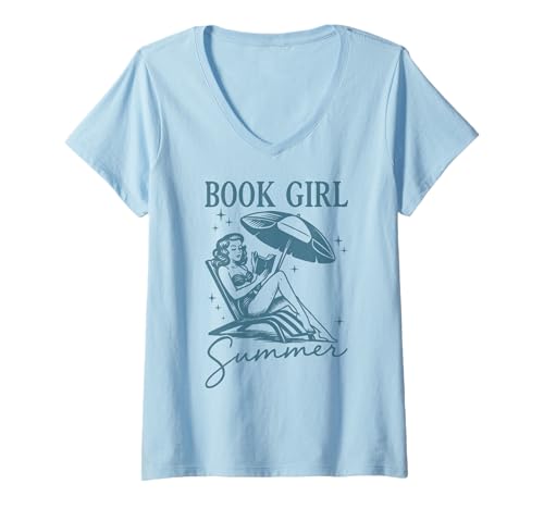 Damen Buch Mädchen Sommer Retro Ästhetik Strand Lesen T-Shirt mit V-Ausschnitt von Vintage Book Lover Summer Reading Shirt for Women