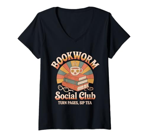 Damen Bookworm Social Club Vintage-Leseliebhaber T-Shirt mit V-Ausschnitt Damen Bookworm Social Club Vintage-Leseliebhaber T-Shirt mit V-Ausschnitt von Vintage Book Reading Tees
