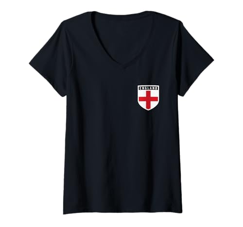 Damen England-Flagge, klassisches Patriot-Schild-Wappen, Taschenabzeichen T-Shirt mit V-Ausschnitt Damen England-Flagge, klassisches Patriot-Schild-Wappen, Taschenabzeichen T-Shirt mit V-Ausschnitt von Vintage British Empire English Retro Fashion Icons