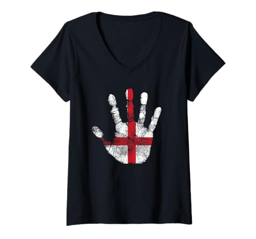 Damen Patriotische DNA-Handabdruck-Schablone mit England-Flagge T-Shirt mit V-Ausschnitt von Vintage British Empire English Retro Fashion Icons