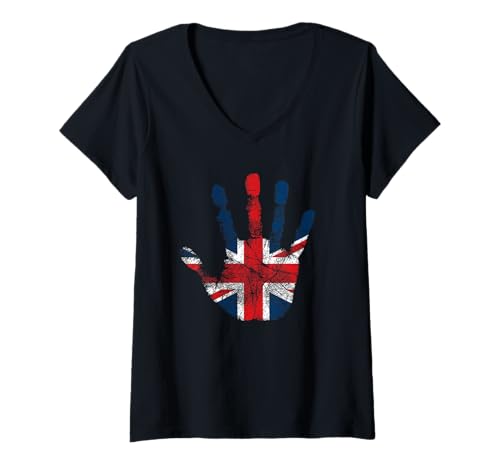 Damen Patriotische DNA-Handabdruck-Schablone mit britischer Flagge T-Shirt mit V-Ausschnitt von Vintage British Empire English Retro Fashion Icons