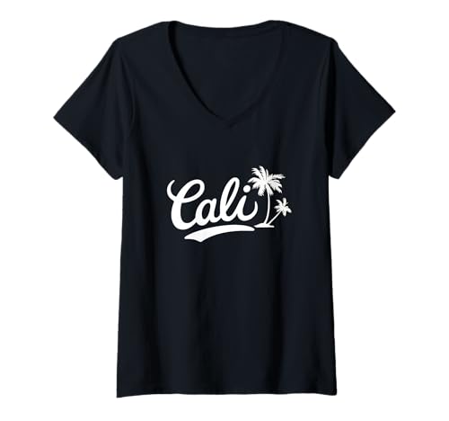 Damen Cali-Palmen-Grafik im Vintage-Stil im kalifornischen Insel-Strandstil T-Shirt mit V-Ausschnitt von Vintage California Design Beach Palm Trees Graphic