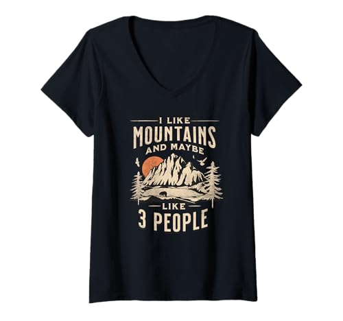 Damen Ich mag Berge und vielleicht 3 Leute, Vintage-Camping, Retro T-Shirt mit V-Ausschnitt Damen Ich mag Berge und vielleicht 3 Leute, Vintage-Camping, Retro T-Shirt mit V-Ausschnitt von Vintage Camping Retro Graphic