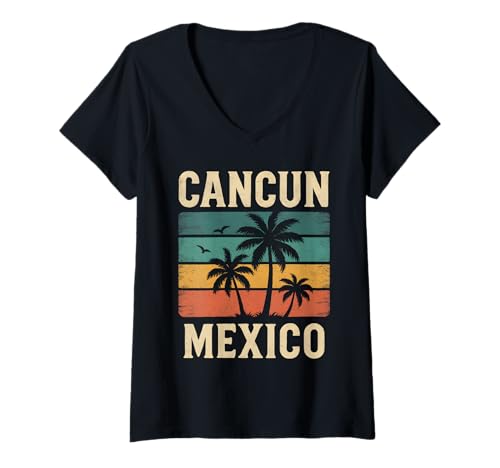 Damen Vintage Cancun Shirt mit Palmen und Sonnenuntergang Mexiko T-Shirt mit V-Ausschnitt von Vintage Cancun Beach Palm Tree Sunset Mexico