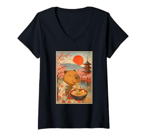 Damen Capybara Eating Ramen mit Kirschblüten Sakura Mount Fuji T-Shirt mit V-Ausschnitt Damen Capybara Eating Ramen mit Kirschblüten Sakura Mount Fuji T-Shirt mit V-Ausschnitt von Vintage Capybara Eating Ramen Japanese Aesthetic
