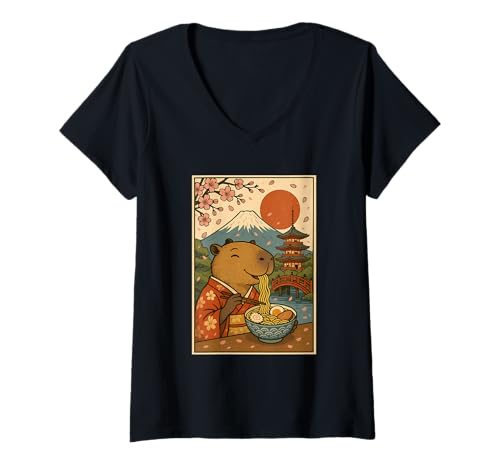 Damen Capybara Eating Ramen mit Kirschblüten Sakura Mount Fuji T-Shirt mit V-Ausschnitt Damen Capybara Eating Ramen mit Kirschblüten Sakura Mount Fuji T-Shirt mit V-Ausschnitt von Vintage Capybara Eating Ramen Japanese Aesthetic