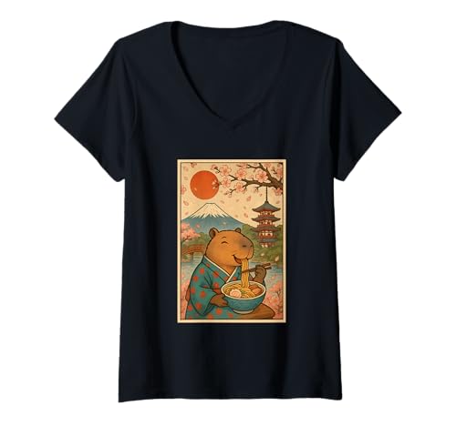 Damen Capybara Eating Ramen mit Kirschblüten Sakura Mount Fuji T-Shirt mit V-Ausschnitt Damen Capybara Eating Ramen mit Kirschblüten Sakura Mount Fuji T-Shirt mit V-Ausschnitt von Vintage Capybara Eating Ramen Japanese Aesthetic