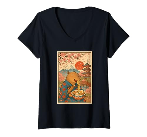 Damen Capybara Eating Ramen mit Kirschblüten Sakura Mount Fuji T-Shirt mit V-Ausschnitt Damen Capybara Eating Ramen mit Kirschblüten Sakura Mount Fuji T-Shirt mit V-Ausschnitt von Vintage Capybara Eating Ramen Japanese Aesthetic
