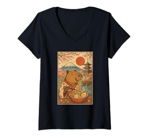 Damen Capybara Eating Ramen mit Kirschblüten Sakura Mount Fuji T-Shirt mit V-Ausschnitt Damen Capybara Eating Ramen mit Kirschblüten Sakura Mount Fuji T-Shirt mit V-Ausschnitt von Vintage Capybara Eating Ramen Japanese Aesthetic