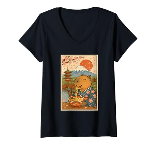 Damen Capybara Eating Ramen mit Kirschblüten Sakura Mount Fuji T-Shirt mit V-Ausschnitt Damen Capybara Eating Ramen mit Kirschblüten Sakura Mount Fuji T-Shirt mit V-Ausschnitt von Vintage Capybara Eating Ramen Japanese Aesthetic