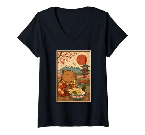 Damen Capybara Eating Ramen mit Kirschblüten Sakura Mount Fuji T-Shirt mit V-Ausschnitt Damen Capybara Eating Ramen mit Kirschblüten Sakura Mount Fuji T-Shirt mit V-Ausschnitt von Vintage Capybara Eating Ramen Japanese Aesthetic