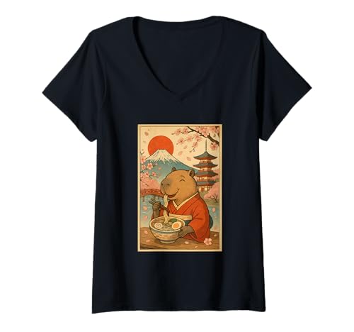 Damen Capybara isst Ramen im Kimono Mount Fuji Cherry Blossom T-Shirt mit V-Ausschnitt von Vintage Capybara Eating Ramen Japanese Aesthetic