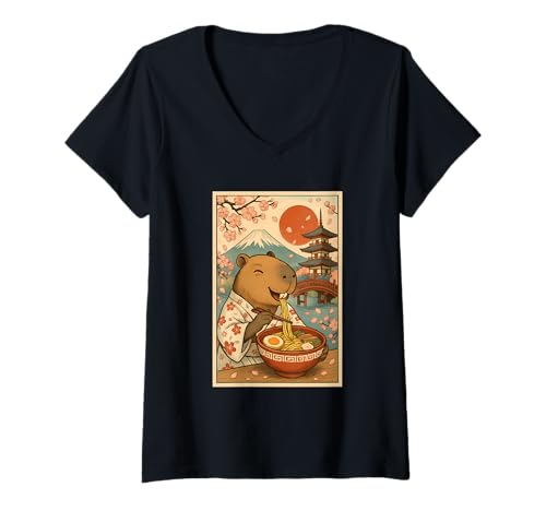 Damen Capybara isst Ramen im Kimono Mount Fuji Cherry Blossom T-Shirt mit V-Ausschnitt Damen Capybara isst Ramen im Kimono Mount Fuji Cherry Blossom T-Shirt mit V-Ausschnitt von Vintage Capybara Eating Ramen Japanese Aesthetic